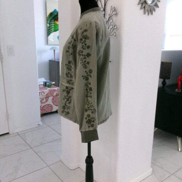 Olive Army Green Boho Embroidered Lightweight Jacket Zip Front Pockets M Love 8 - Picture 6 of 11